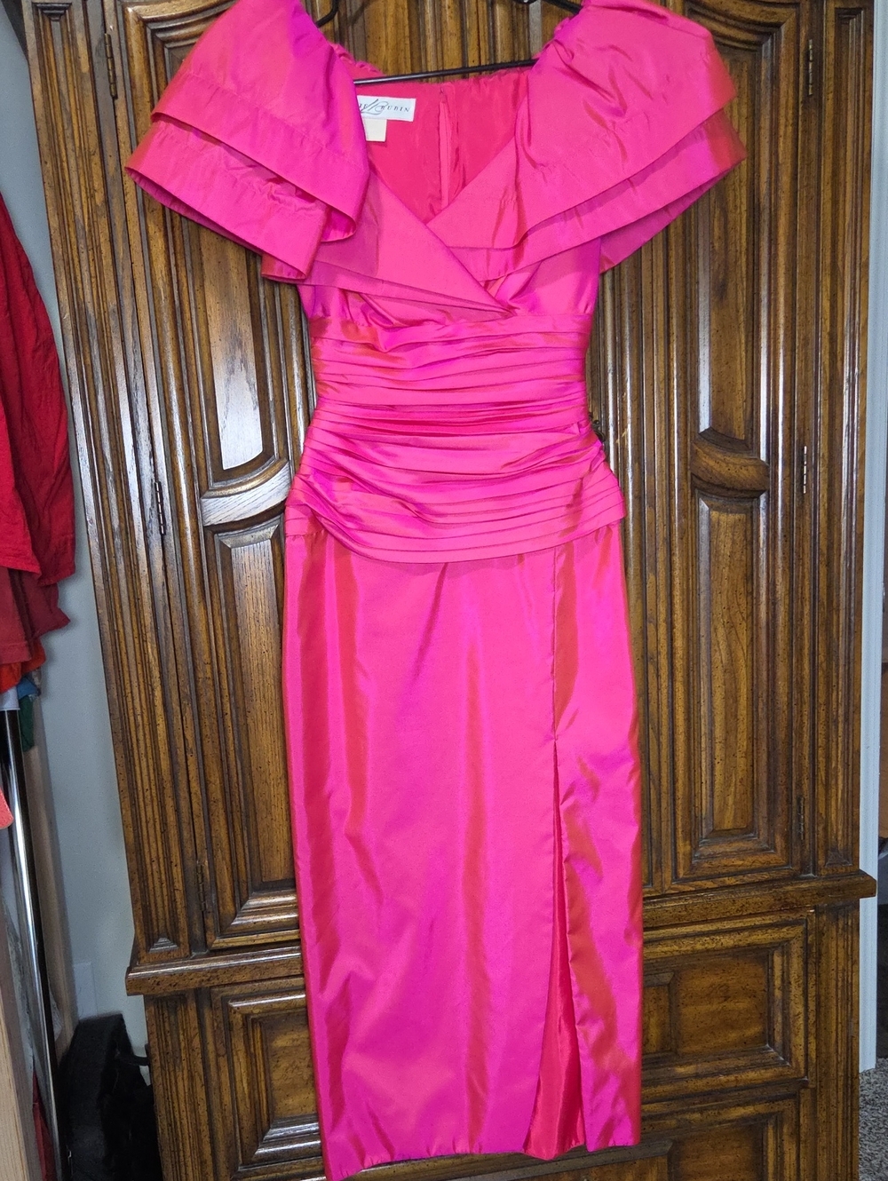 Vintage 80s Lillie Rubin Hot Pink Ruffle Evening Gown XS/S Slit